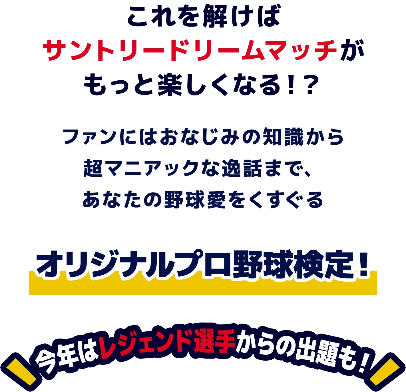 これを解けば
            サントリードリームマッチが
            もっと楽しくなる！？
            ファンにはおなじみの知識から<br />超マニアックな逸話まで、<br />あなたの野球愛をくすぐる
            オリジナルプロ野球検定！
            